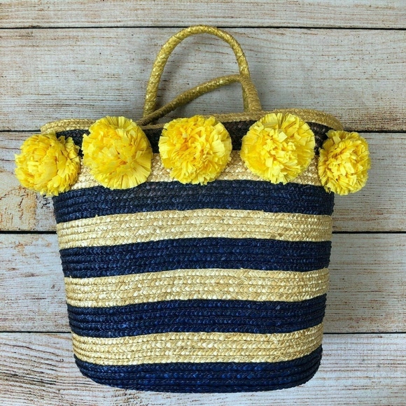 Mud Pie Handbags - Mudpie blue yellow pom pom straw purse large